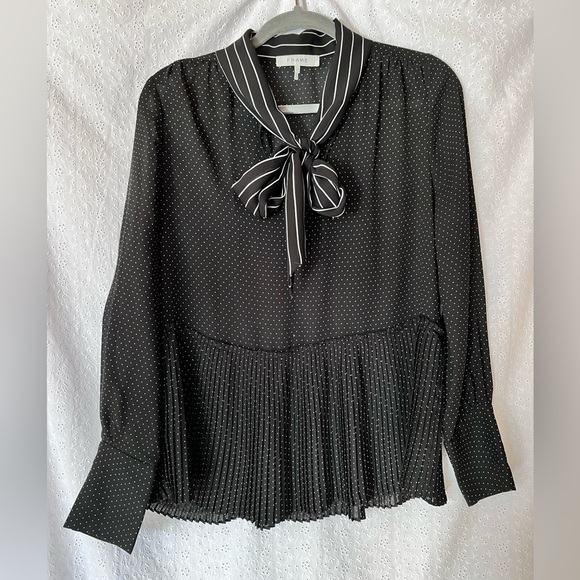Frame Black and white Polka Dot Peplum Pleated Blouse Tie Neck Long Sleeve top - Picture 3 of 7
